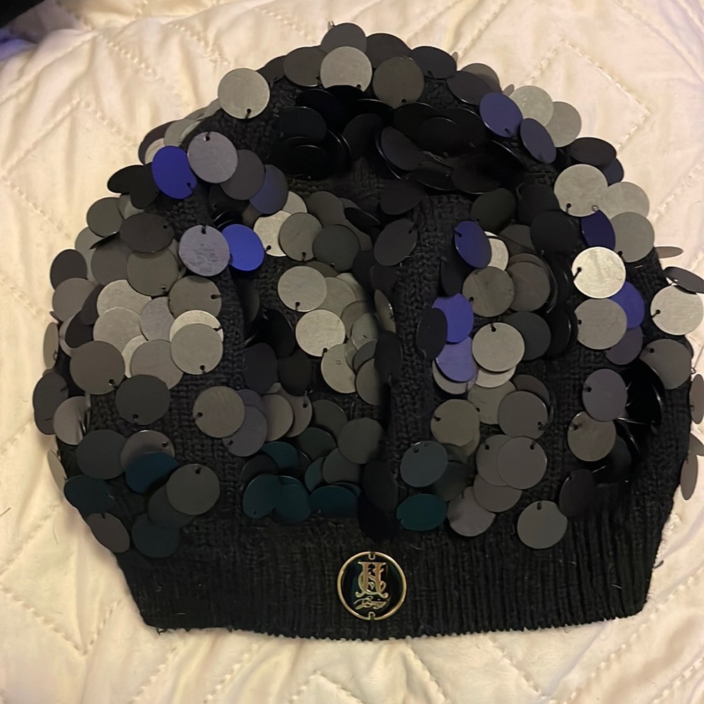 Juicy Couture Black sequin Merino Wool Knit Hat Winter Cute